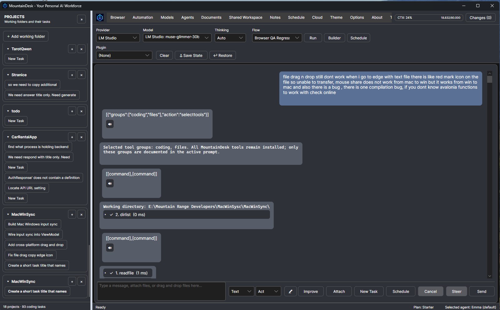 MountainDesk Harness desktop interface showing projects, model selection, agents and an active AI conversation